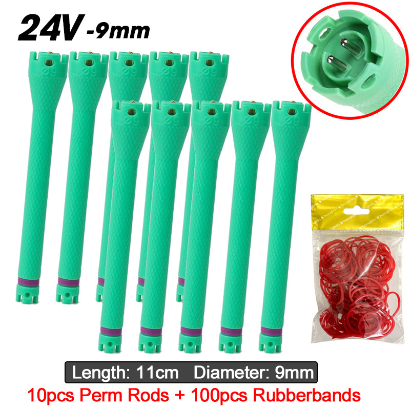 10pcs/set 24V Digital Perm Rods Hair Rollers Standard Plug Electric Heated Curlers Bars with Rubberbands Styling Tool