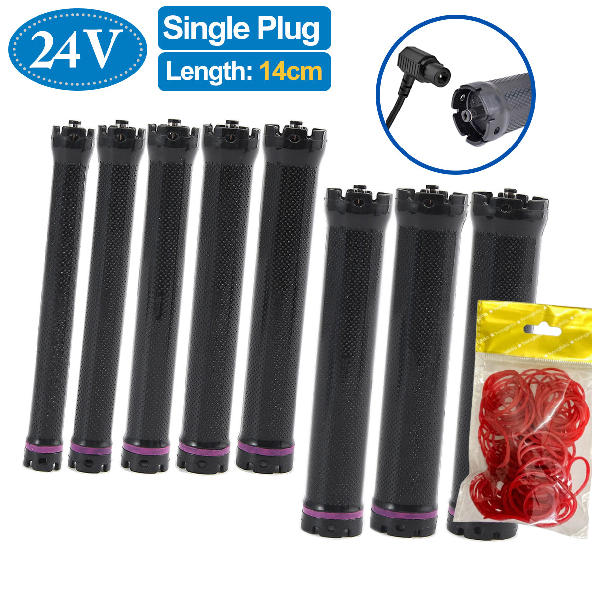 10pcs/set 24V Extra Long Single Hole Electric Heated Hair Rollers Digital Perm Rods Sticks Bars With Rubberbands 14cm