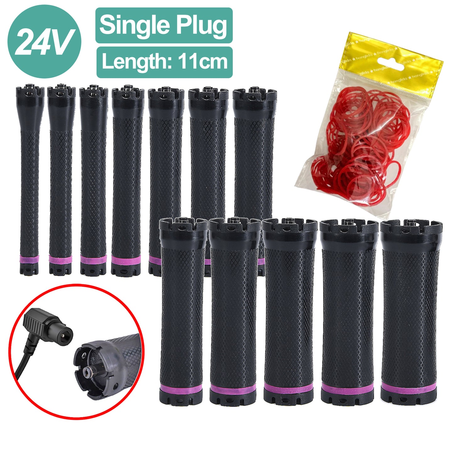 10pcs/set 24V Single Hole Digital Hair Rollers Electric Heated Curlers with Rubberbands Styling Perm Hot Curling Bars Rods Hairdresser Tools